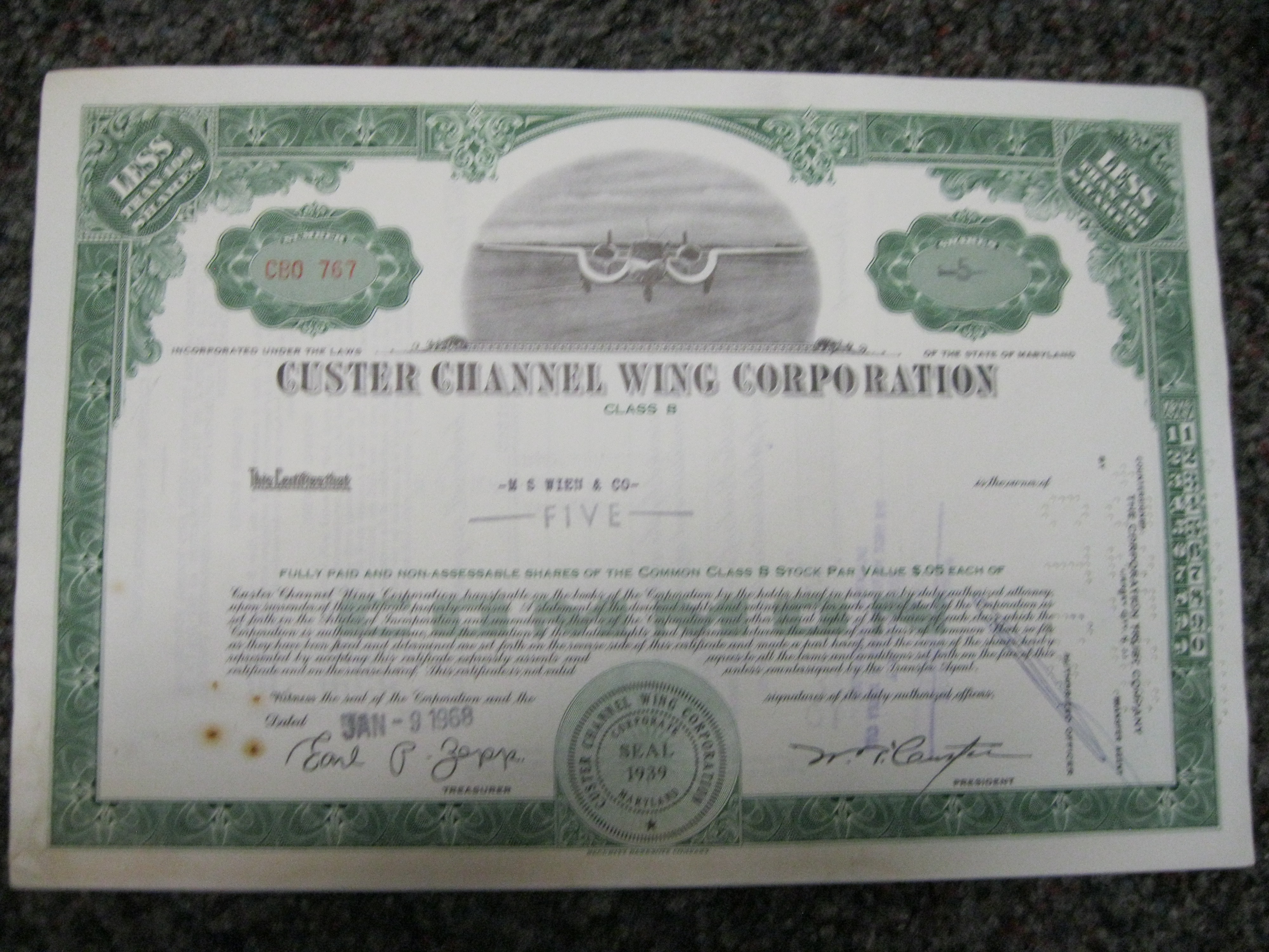 Custer Channel Wing Corporation stock certificate less than 100 shares