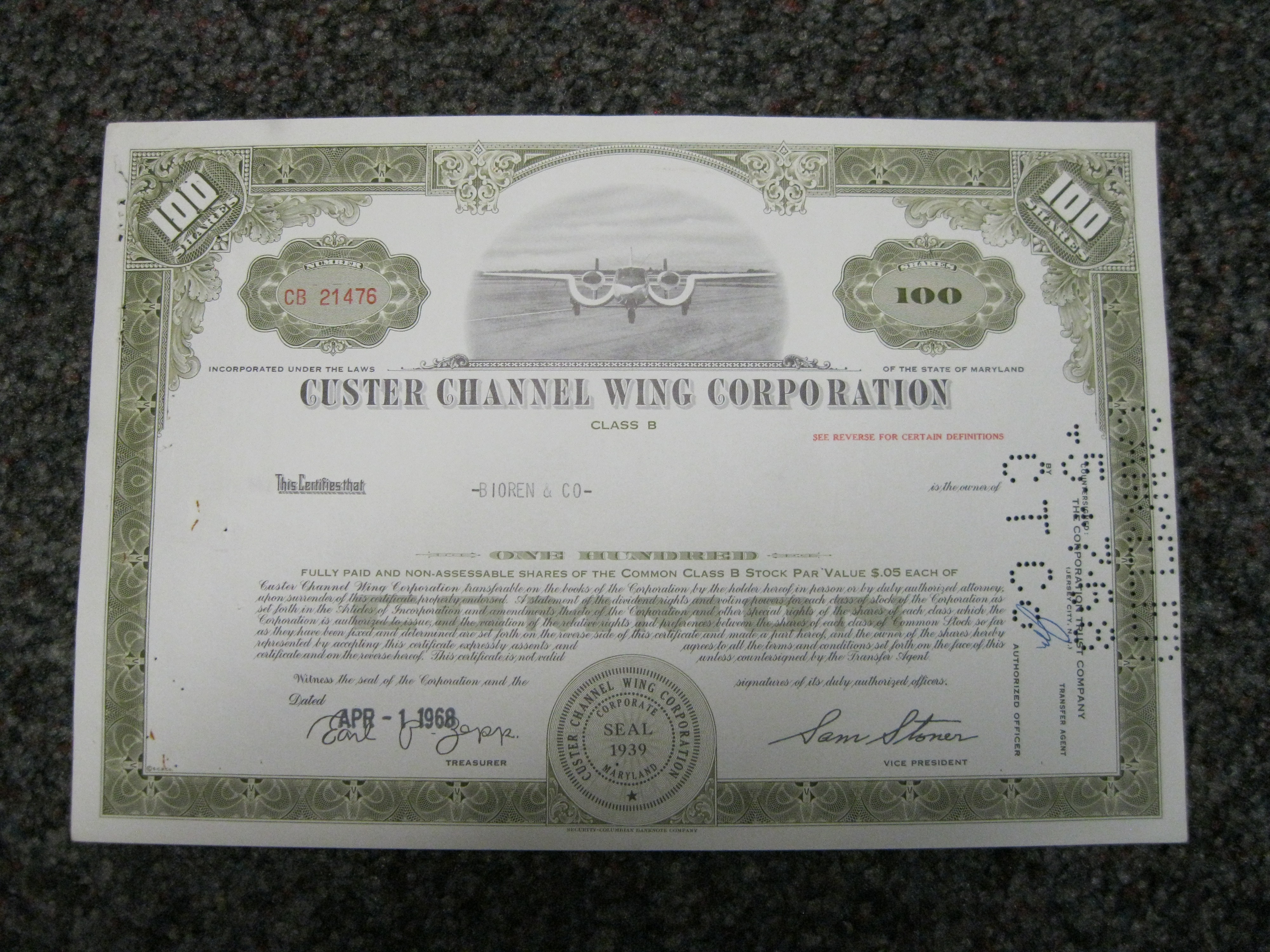 Custer Channel Wing Corporation stock certificate 100 shares